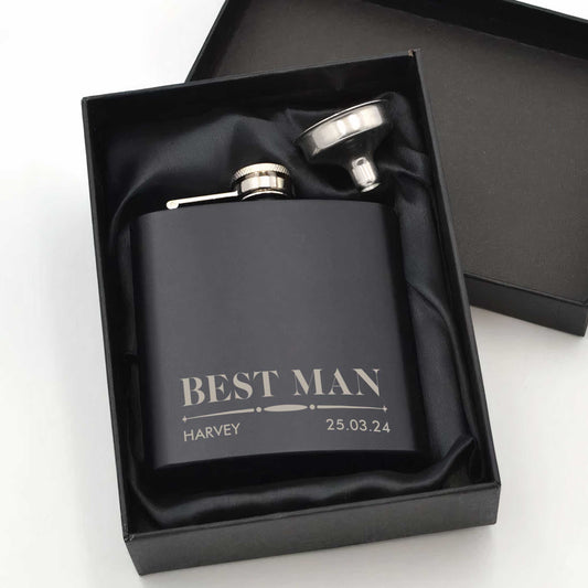 Personalised Wedding 6oz Black Hip Flask Name & Date And Role