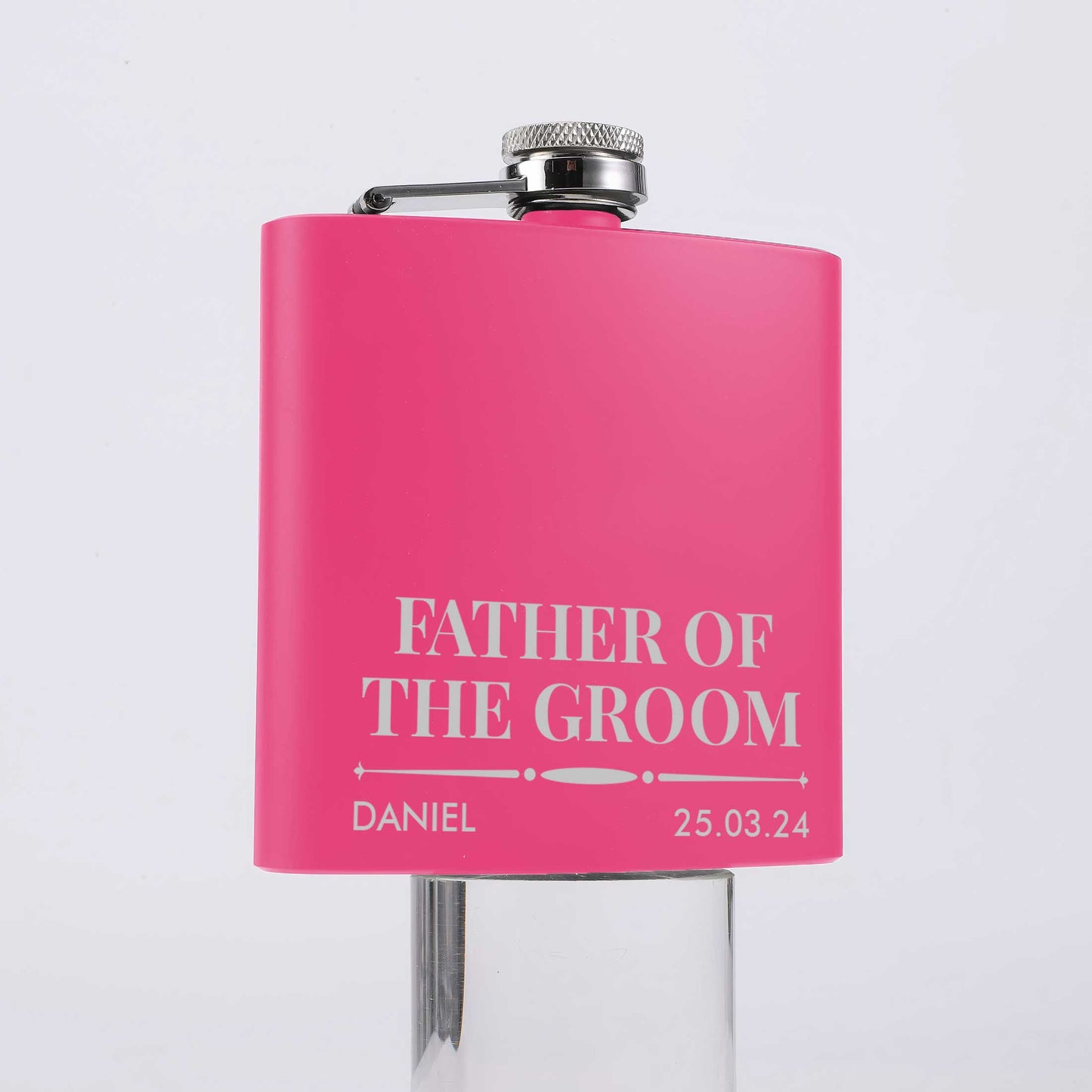 Personalised Wedding 6oz Pink Hip Flask Name & Date And Role