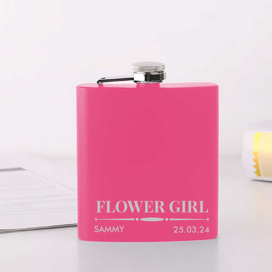 Personalised Wedding 6oz Pink Hip Flask Name & Date And Role