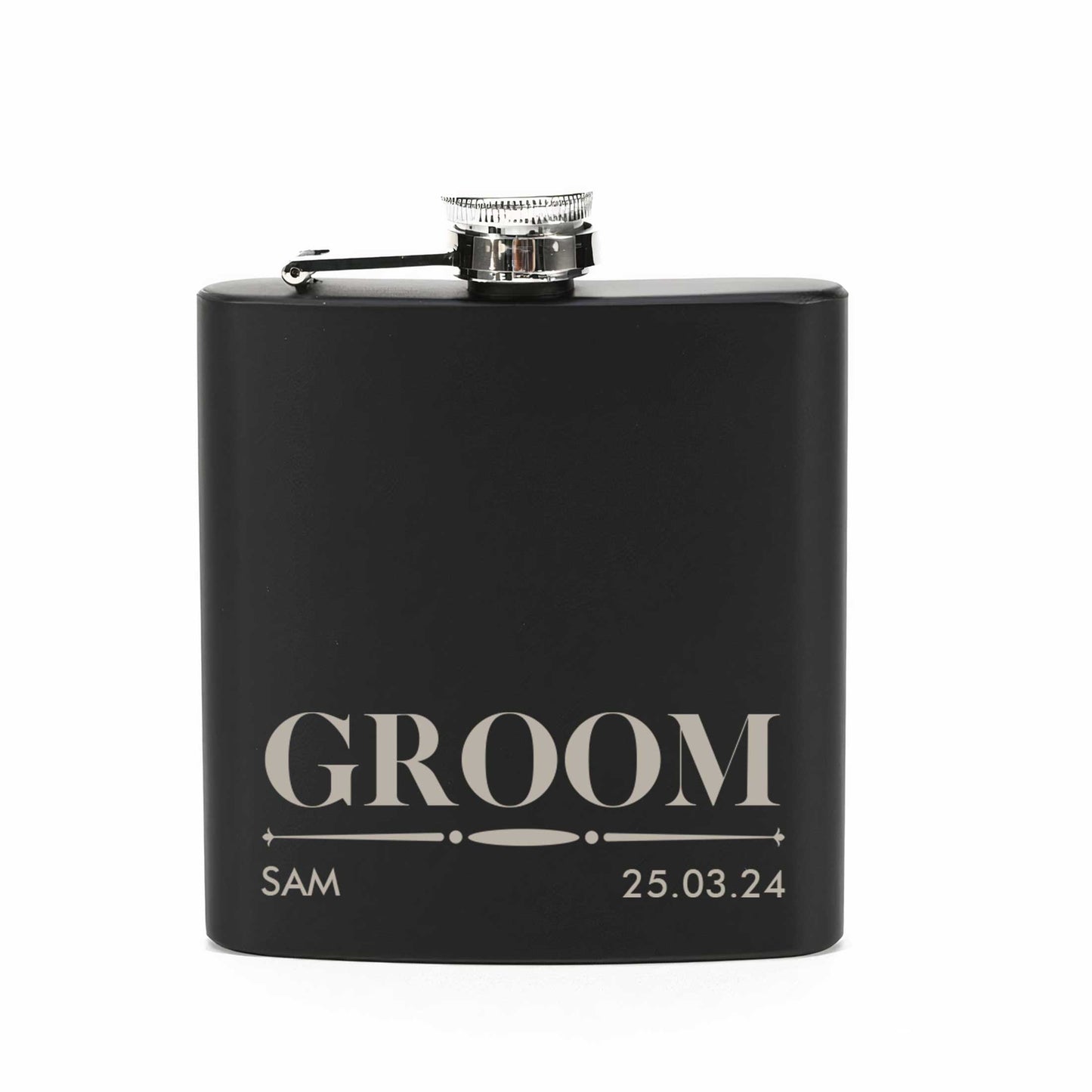 Personalised Wedding 6oz Black Hip Flask Name & Date And Role