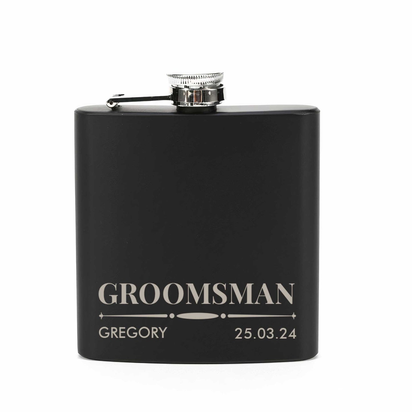 Personalised Wedding 6oz Black Hip Flask Name & Date And Role