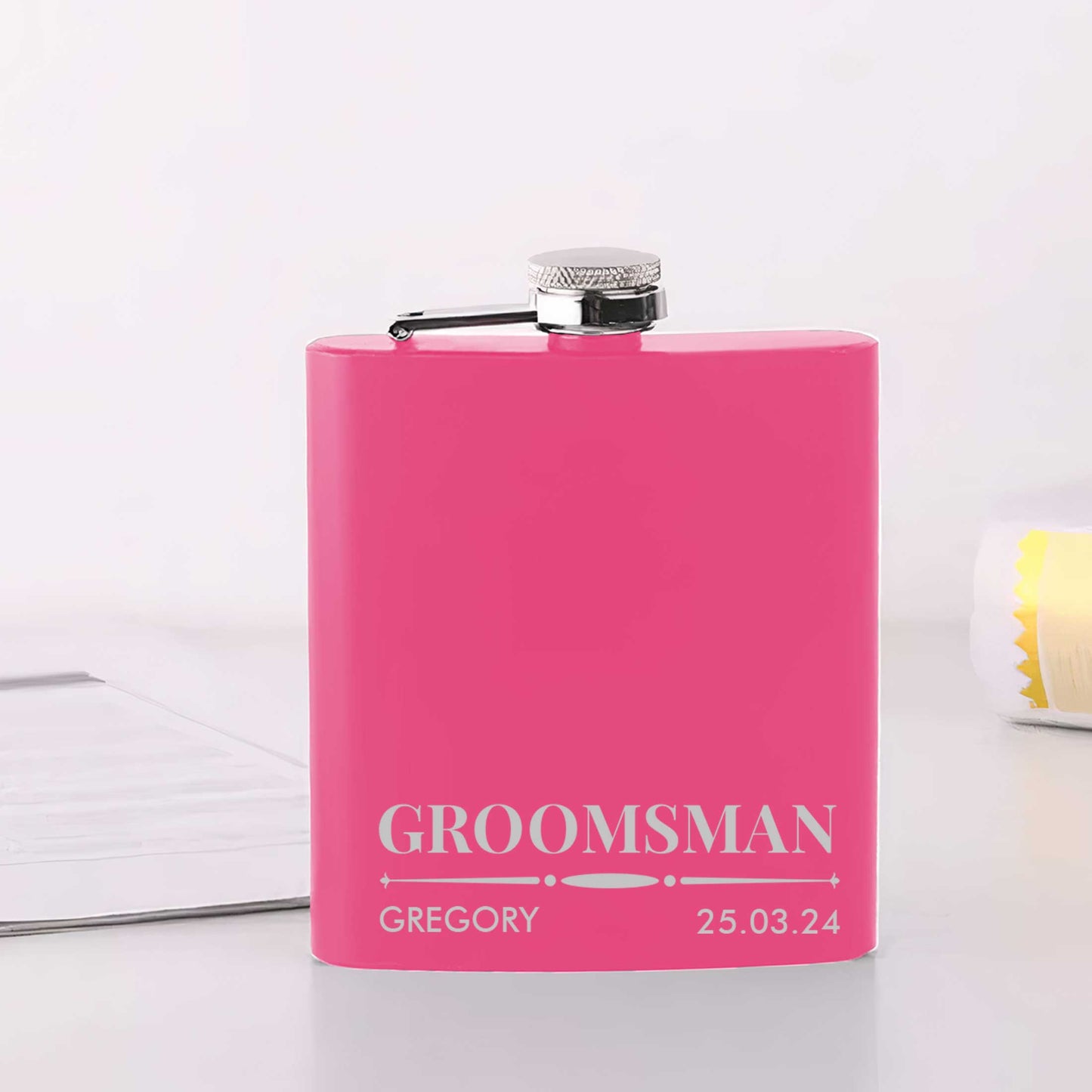 Personalised Wedding 6oz Pink Hip Flask Name & Date And Role