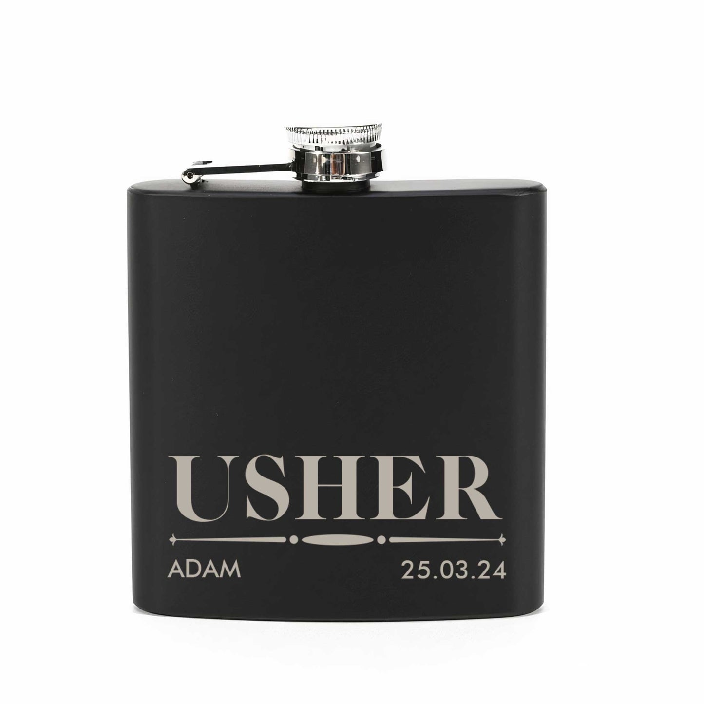 Personalised Wedding 6oz Black Hip Flask Name & Date And Role